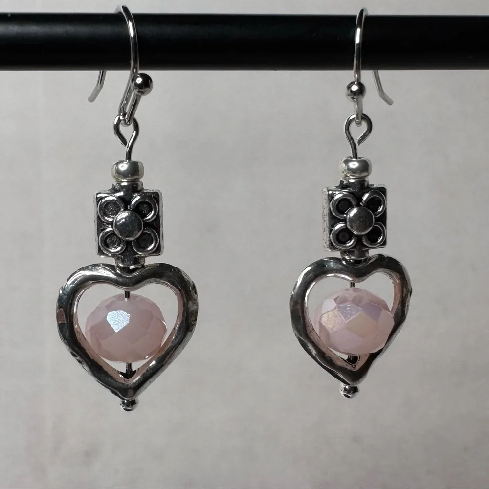HAND CRAFTED Floral Heart Earrings 1 1/2” Silver Pink NWT